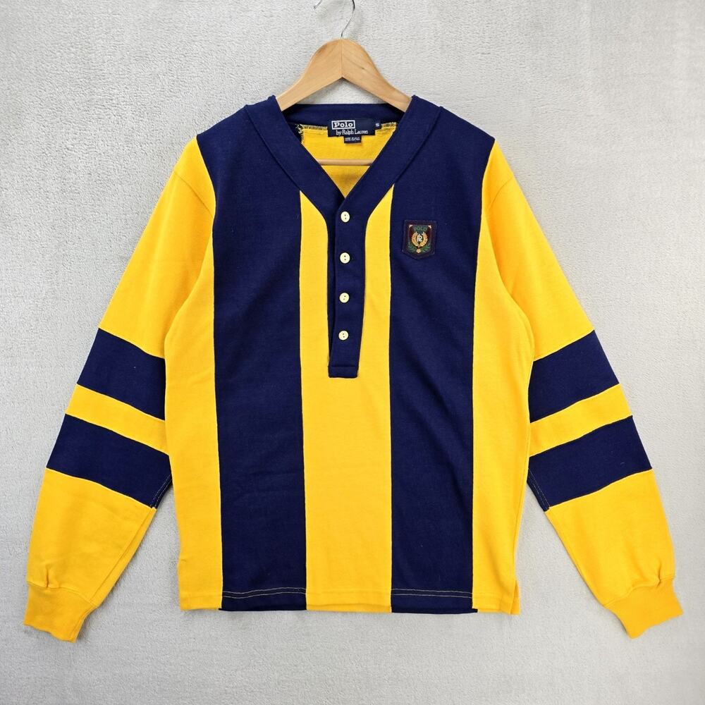 Vintage Polo Ralph Lauren Henley Rugby Shirt Small Crest Striped 90s USA Made